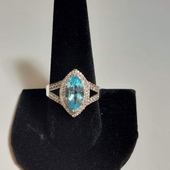 Vintage Sky Blue Topaz and White Zircon Sterling Silver Ring Size 10 - Picture 10 of 16